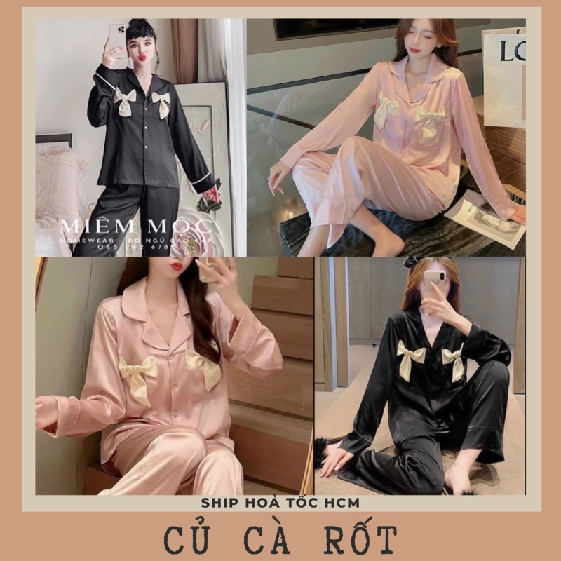 Pijama lụa latin thiết kế nơ dễ thương chất lụa mềm mịn thoáng mát