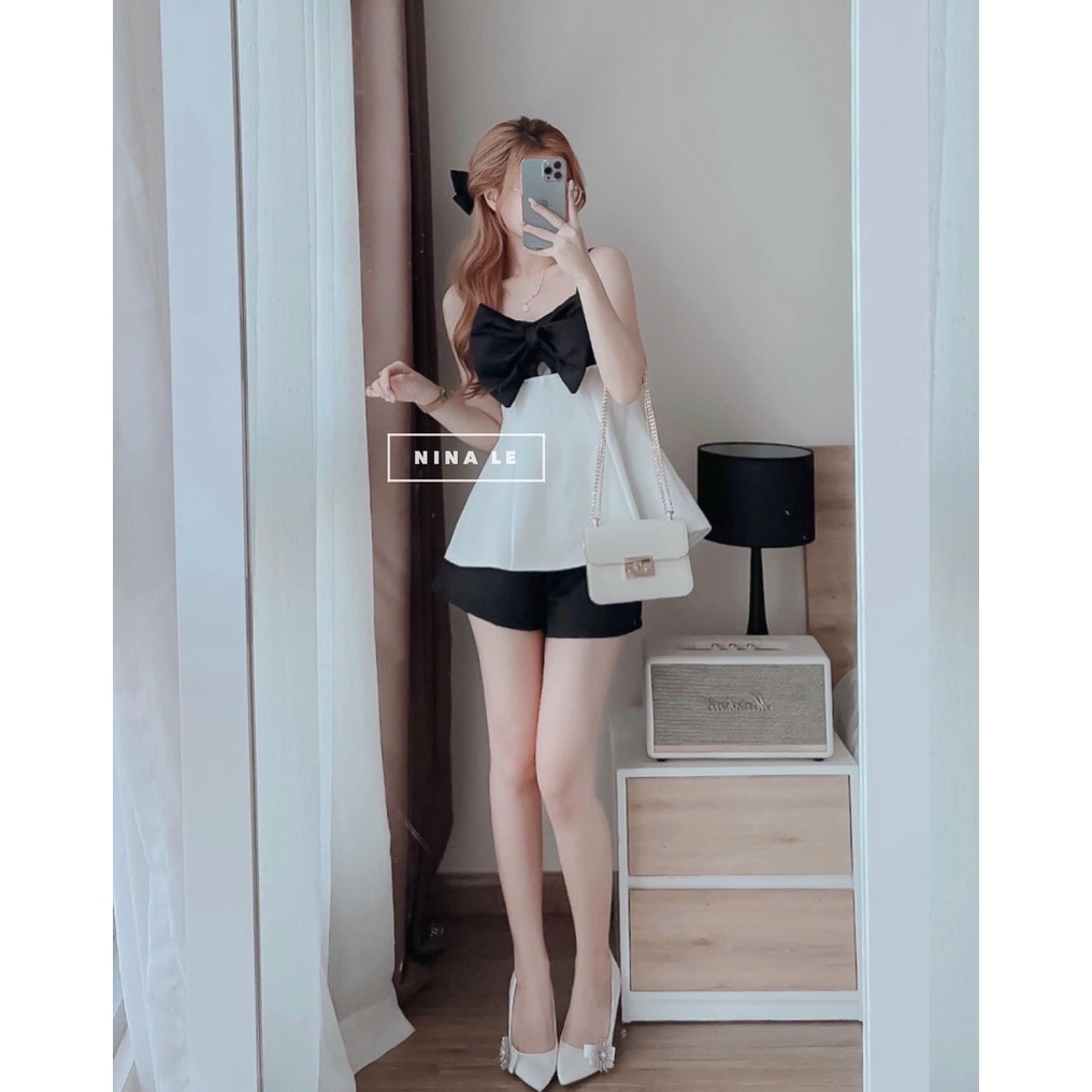 Sét bộ đùi áo 2 dây phối quần ống rộng áo phối nơ bản lớn thích hợp phong cách mùa hè mẫu có 1 màu như hình ( trắng đen)