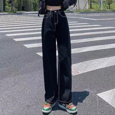 Quần jeans ống rộng đen viền chỉ nổi