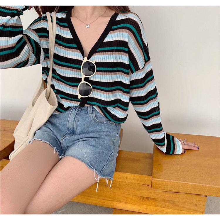 Áo Cardigan Dệt Kim Tay Dài Kẻ Sọc Thời Trang Xuân Hè Cho Nữ 2021