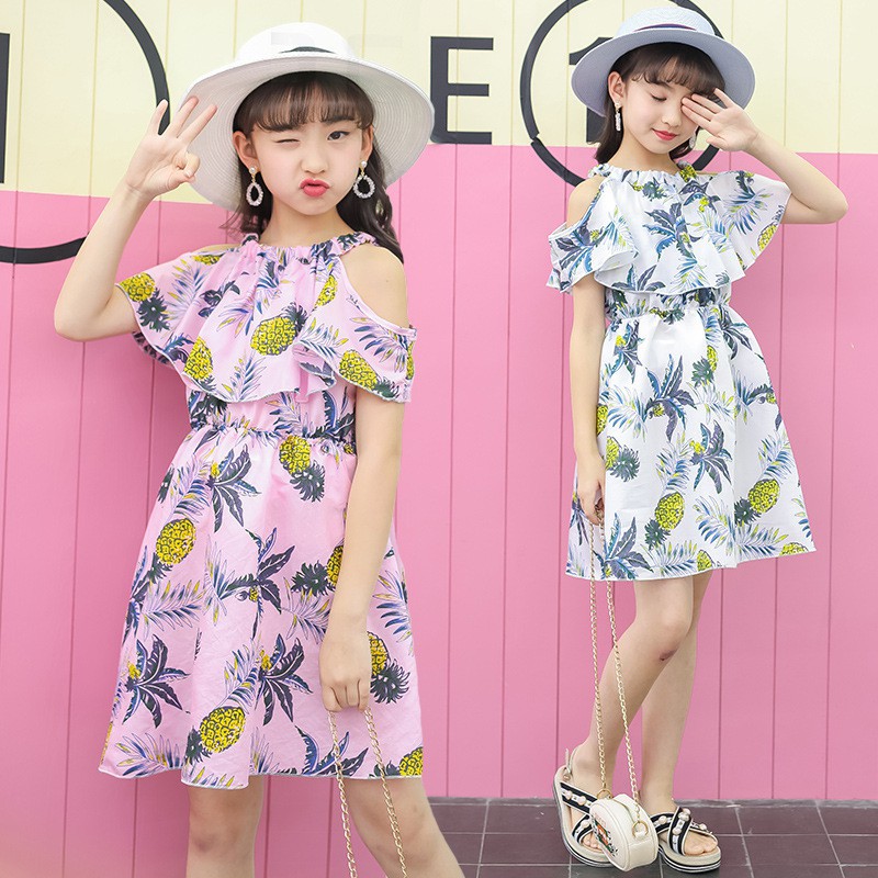 Đầm trễ vai tay loe hoạ tiết in cho bé