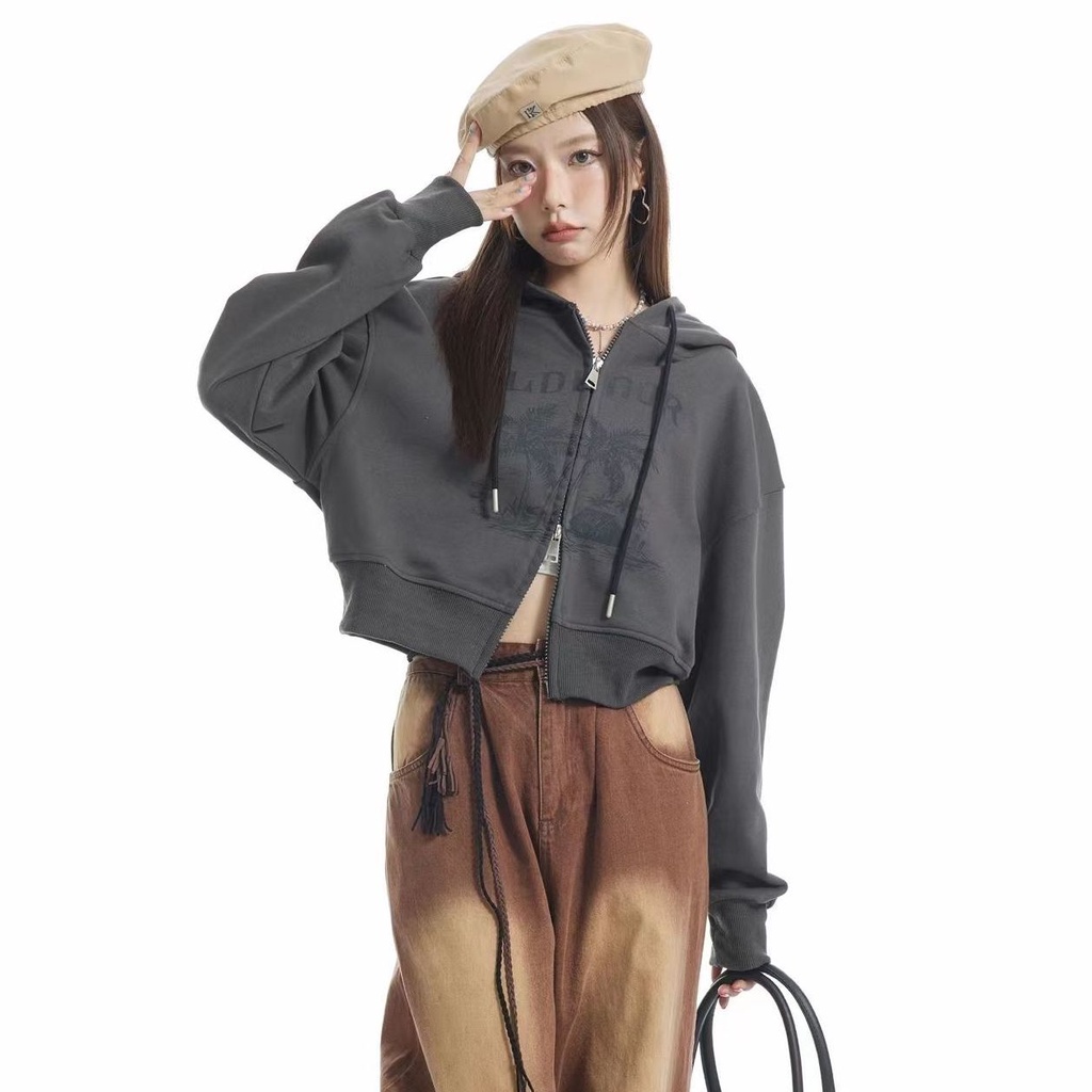 Áo Khoác Cardigan Có Khóa Kéo Đôi Phong Cách Đường Phố Retro Mỹ Bán Chạy Màu Xám Ngắn Mùa Thu Cho