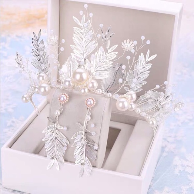 Set vương miện lá mềm kèm bông tai