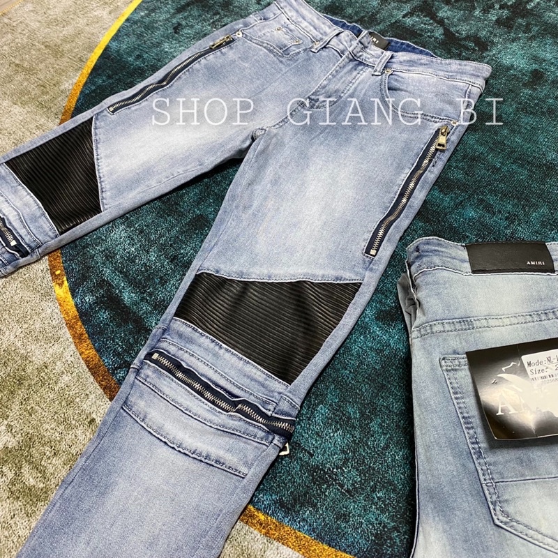 Quần jean vá da nhăn phối khoá dọc,quần bò vá nhăn phối khoá ngang