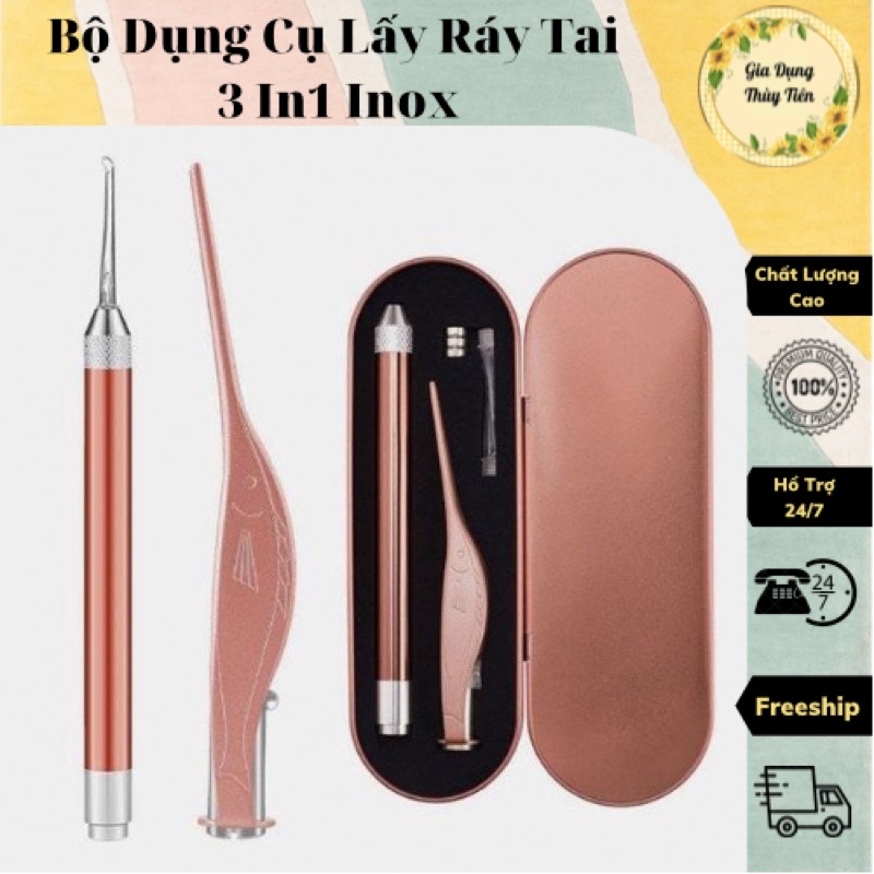 Bộ Dụng Cụ Lấy Ráy Tai 3 In1 Inox Có Đèn Led – dụng cụ kèm hộp đựng cao cấp