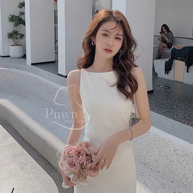 Váy lụa đính vai ngắn xếp li phần eo trẻ trung, thanh lịch Puwn Shop