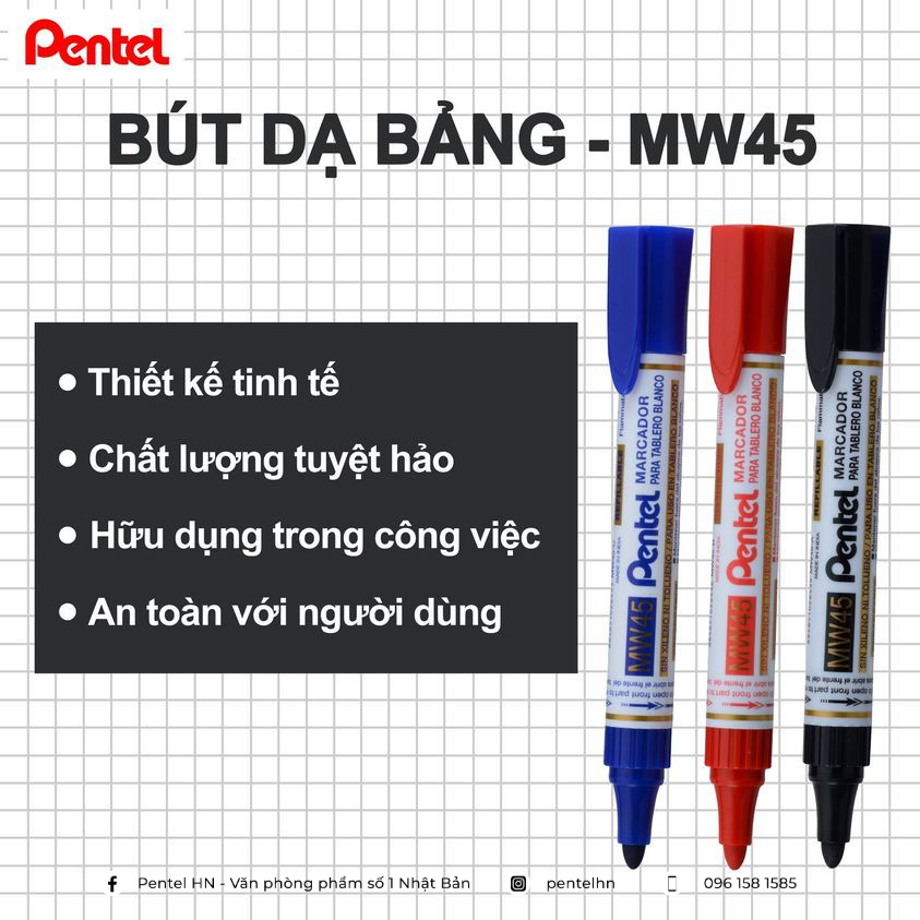 Bút Dạ Bảng Pentel MW45 | Thiết Kế Xoay Có Thể Thay Mực | Màu Mực Sáng, Đậm, Dễ Lau Chùi