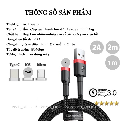 Cáp sạc nhanh Ip 1.5A & Type c 2,0A & Micro 2,4A chính hãng baseus dây bọc dù chắc chắn hỗ trợ truyền tải dữ liệu