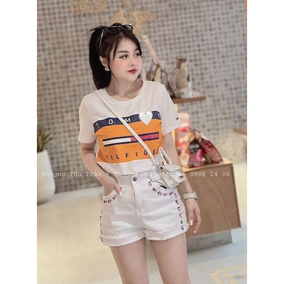 Áo thun cộc tay phối màu cam sáng