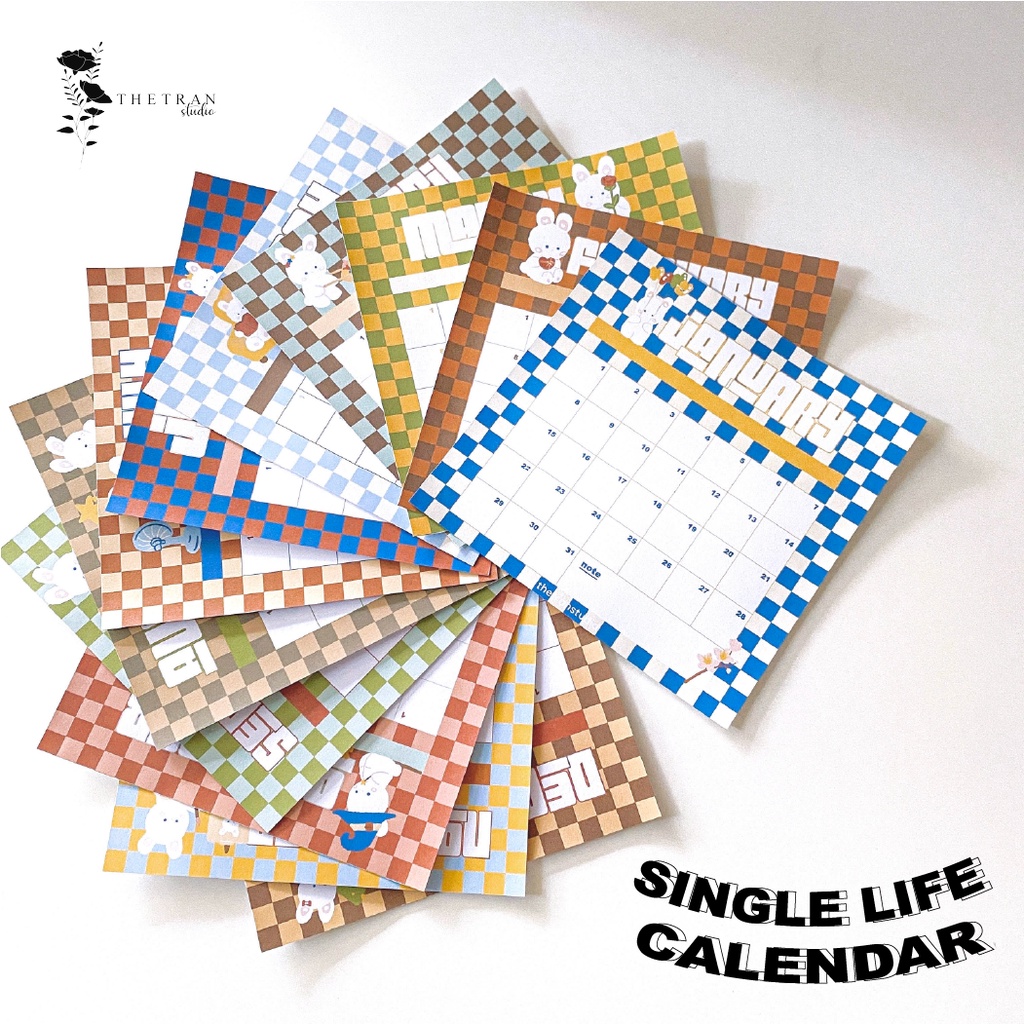 Bộ 12 tờ lịch kế hoạch hàng ngày 12 tháng dùng cho tất cả các năm vuông 145x145mm / single life calendar / thetranstudio