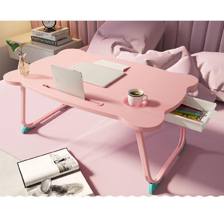 Bàn Học Gấp Gọn Ngồi Bệt, Bàn Latop Chân Nhựa Cứng 40x60cm Mặt Gỗ MDF Có Ngăn Kéo Tiện Dụng