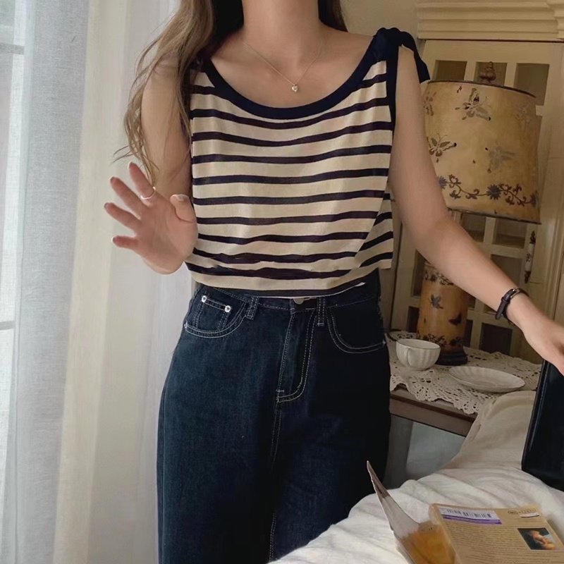 Áo sát nách SUXI dáng ôm kẻ sọc kiểu vintage thời trang mùa hè cho nữ