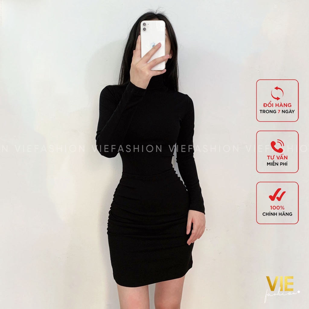Váy body dài tay, nhún ở hông và eo cực tôn dáng, cổ cao 5cm. Chất vải cotton cao cấp, co dãn tốt. VIE fashion 1221-05