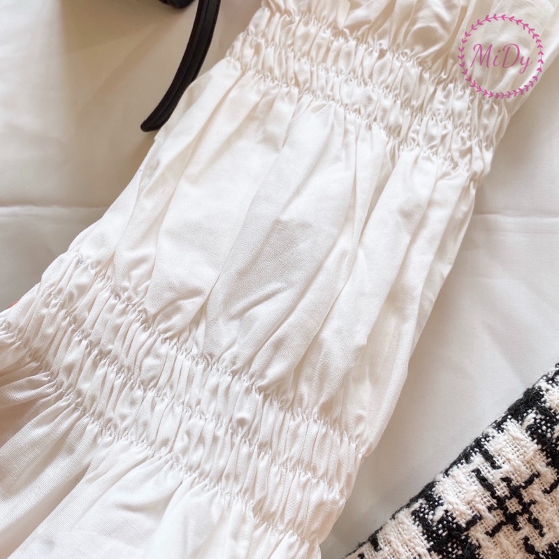 Set áo sơ mi tay nhún kiểu + váy yếm chất dạ Tweed