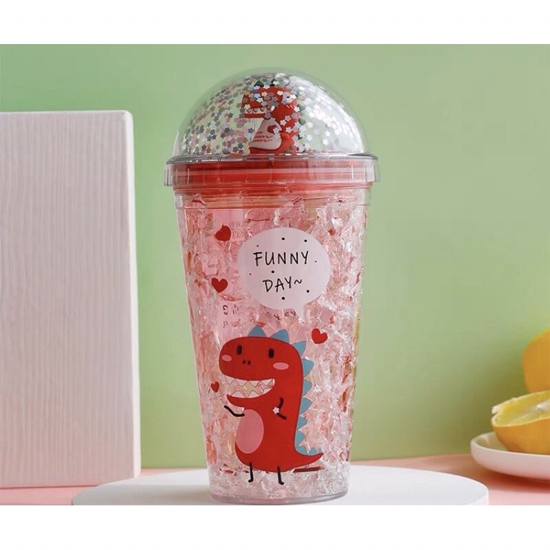 Ly Đựng Nước❤️DEAL SỐC[FREESHIPCốc Đựng Nước Nhũ Kim Tuyến Hình Khủng Long 500Ml Kèm Ống Hút