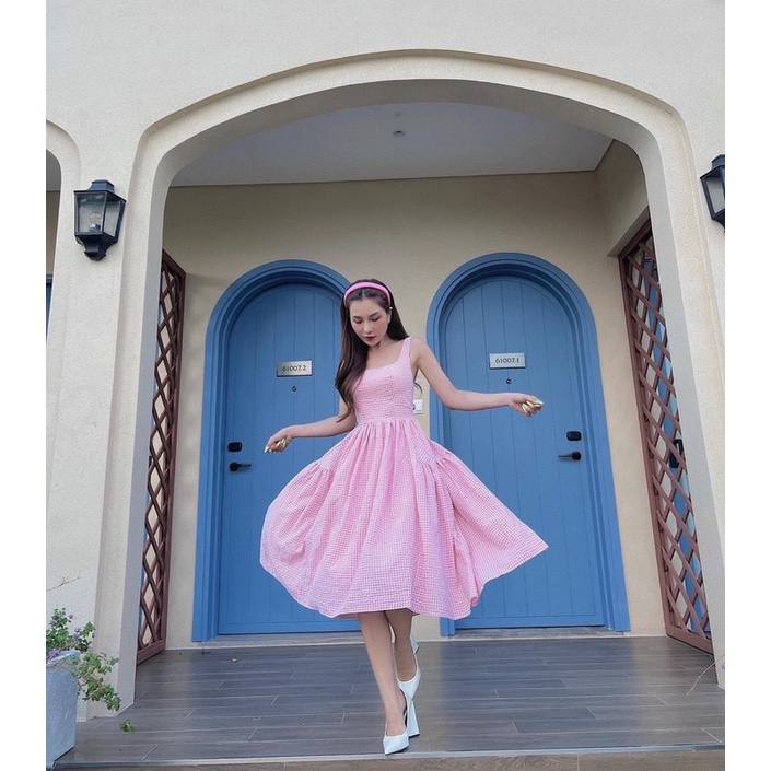 Váy nữ công chúa họa tiết kẻ vuông hai dây dáng dài 🍌🍌 Váy công chúa bồng bềnh 4 màu vàng Hồng xanh lá xanh dương