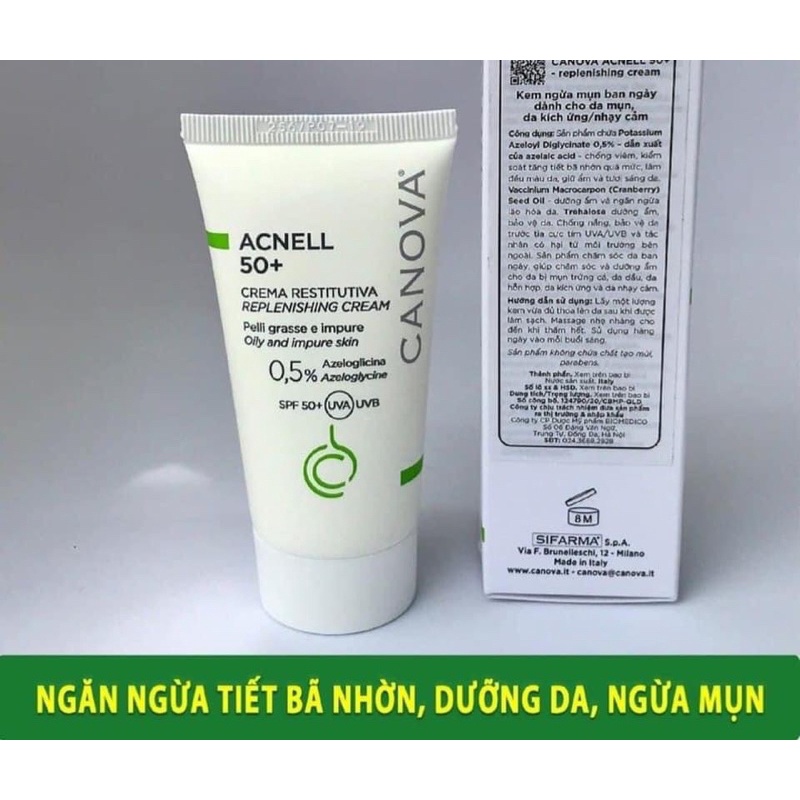 CANOVA ACNELL 50+ 50mL Kem ngừa mụn ban NGÀY, chống tia UV, loại tế bào chết, dưỡng da