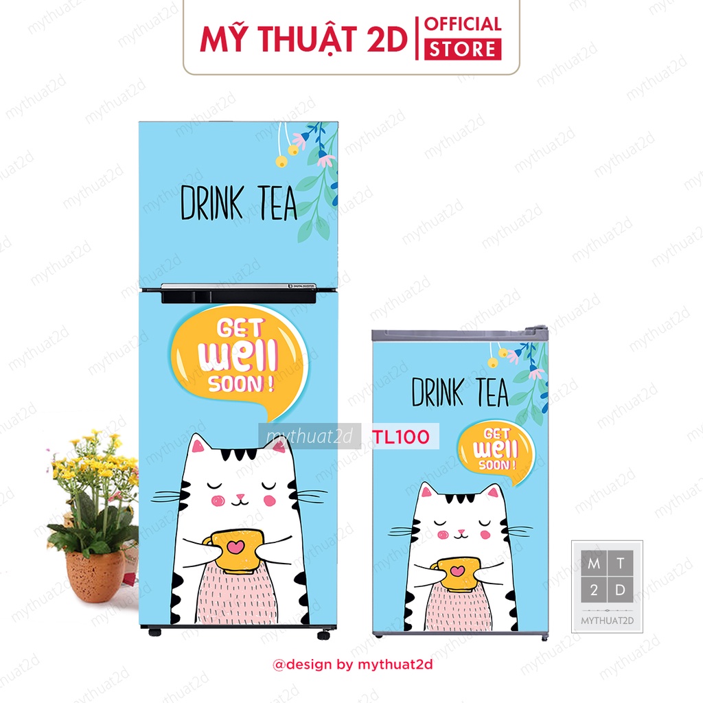 Decal dán tủ lạnh chống thấm loại tốt mẫu Mèo Drink Tea - mã TL100