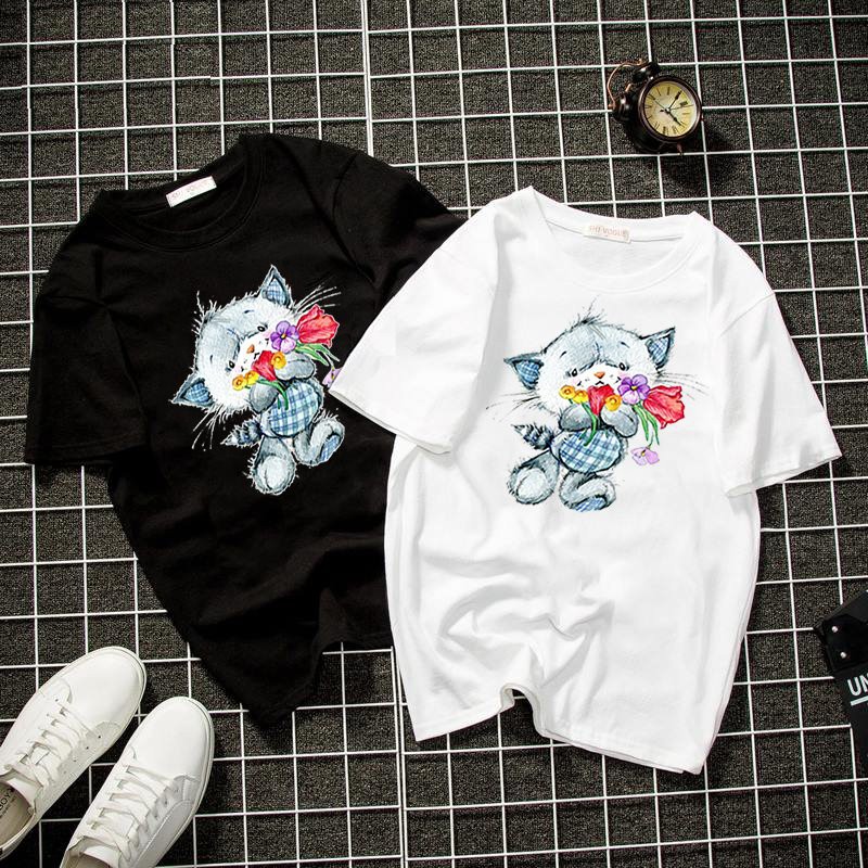 Áo thun unisex form rộng mèo dễ thương Hàn Quốc vải dày mịn 2019T2035