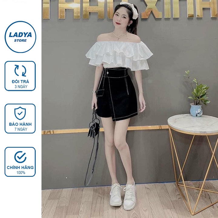 Quần short giả váy nữ Ladya dáng chữ chữ A lưng cao vạt chéo viền chỉ nổi khuy lệch 2 màu đen trắng M666