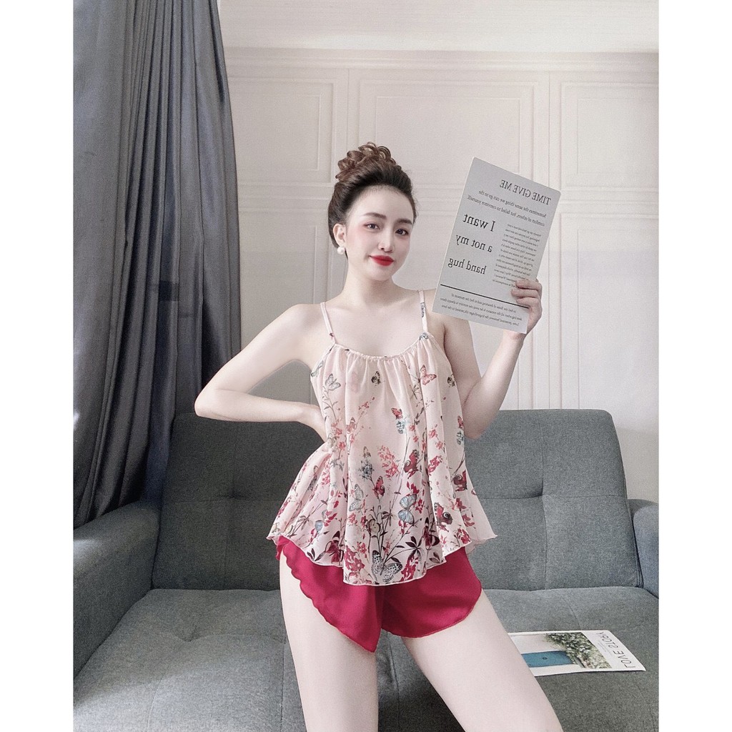 Set đùi 2 dây lụa chiffon phối quần satin mỏng manh siêu quyến rũ form 40-56kg | BigBuy360 - bigbuy360.vn