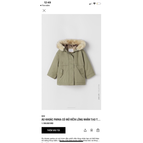 Áo khoác Parka Zara xuất dư xịn cho bé trai bé gái