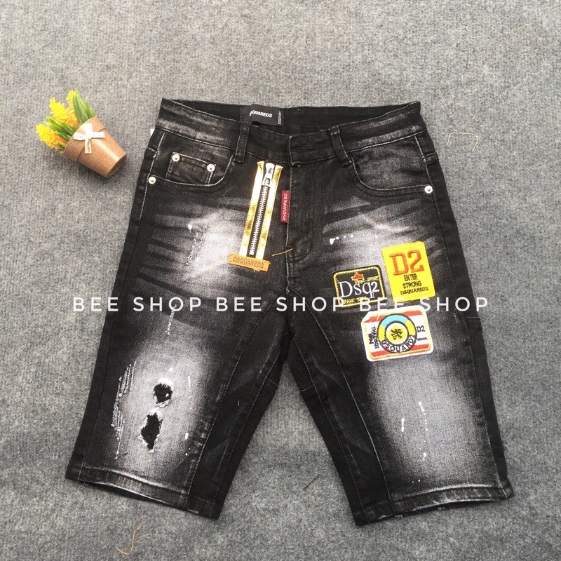 HOT- Quần bò ngố DSQ đính huy hiệu khoá chéo, quần jean đùi nam, quần short bò 3 logo - Bee Shop