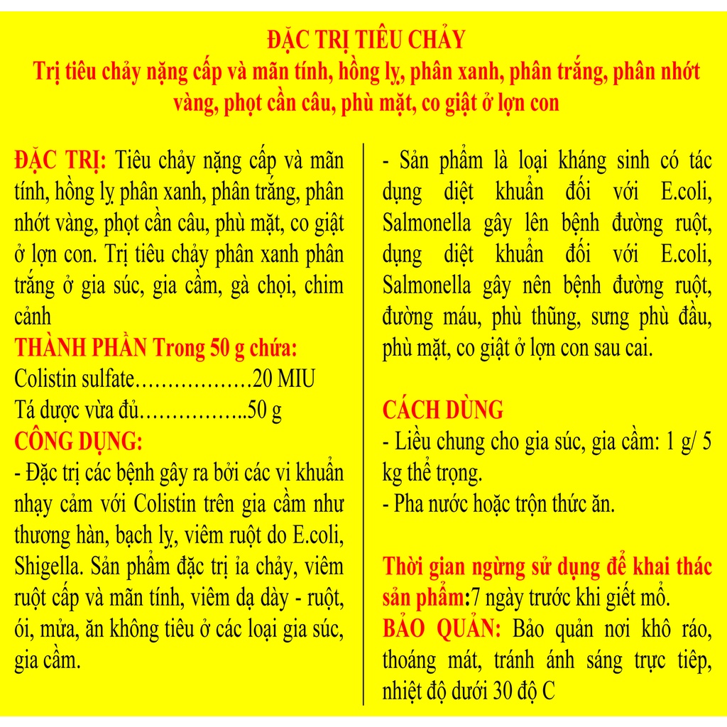 1 gói Colistin 50g Dùng cho gia súc, gia cầm, chó, mèo