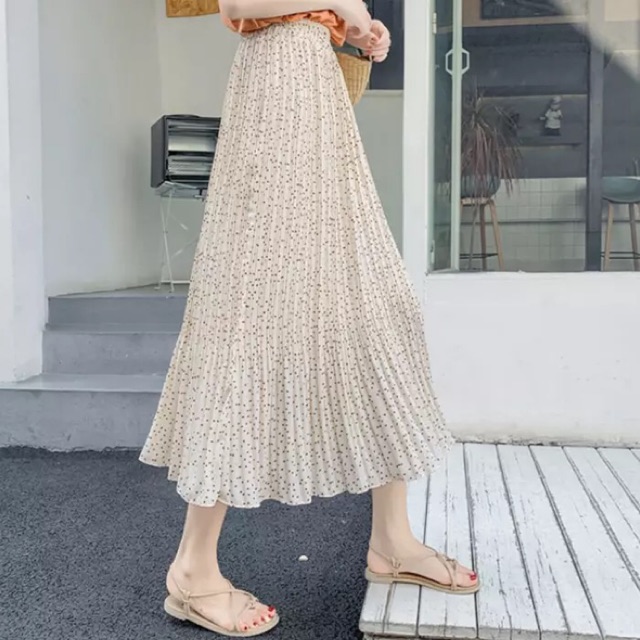 Chân váy dài chất chiffon lưng thun hoạ tiết chấm bi cho nữ ( Kèm Ảnh Thật)