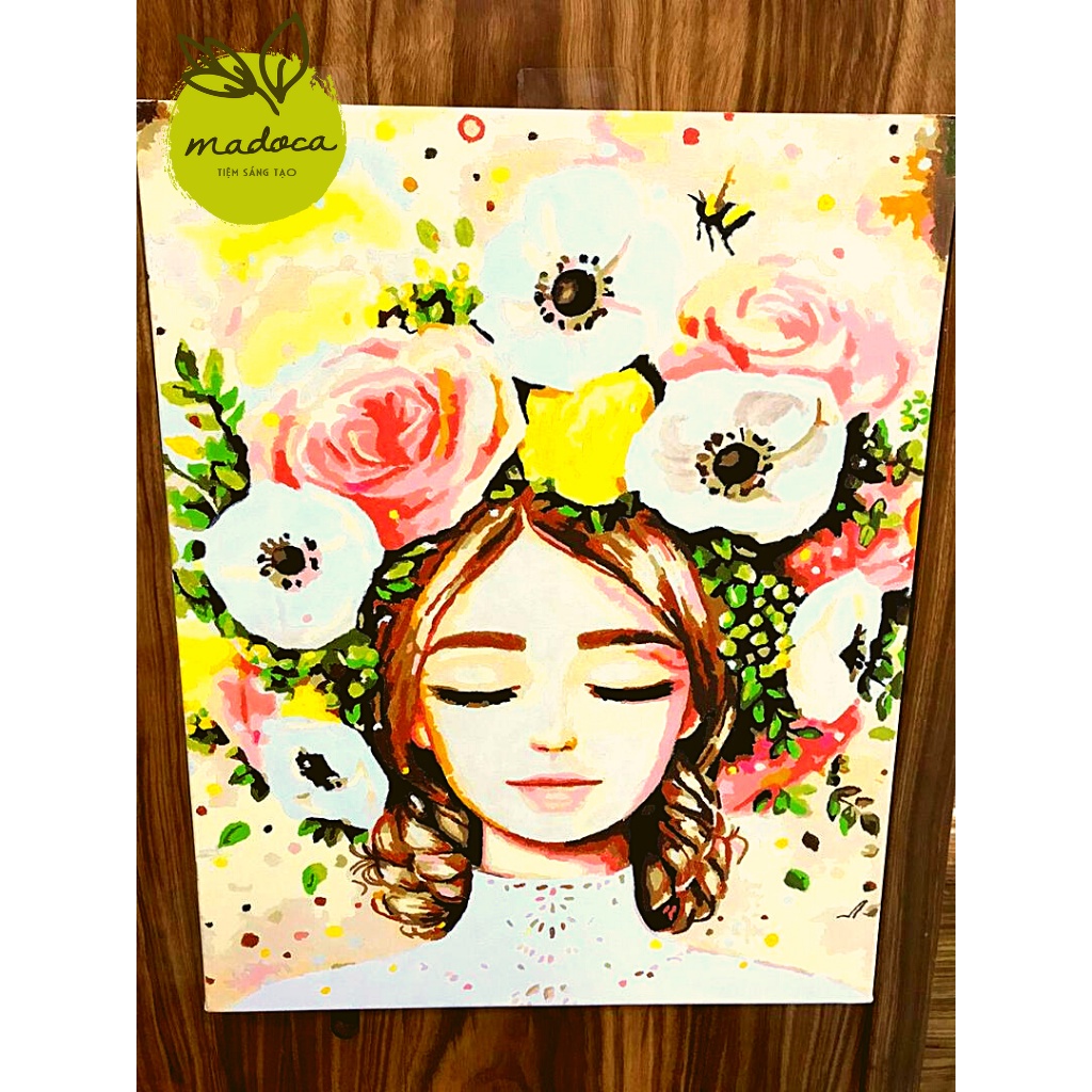 Tranh tô màu số hóa Madoca có khung 40x50cm công chúa tóc hoa T505