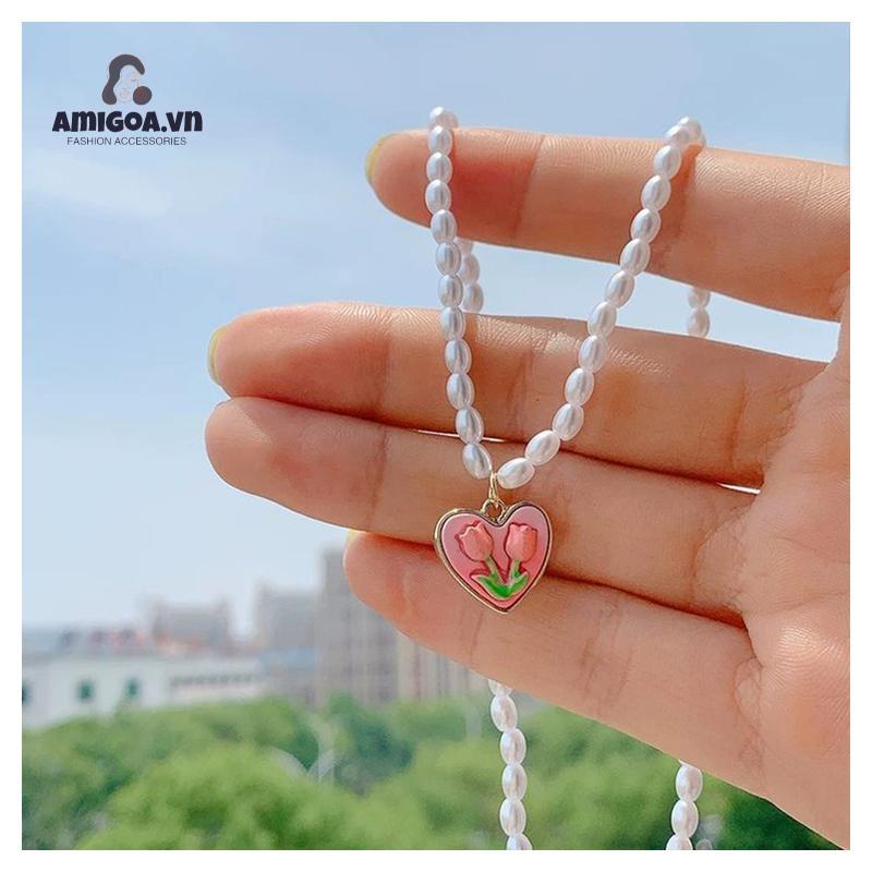 ✨✨Vòng cổ Mặt Hoa Tulip Hồng Đính Ngọc Trai Thanh Lịch