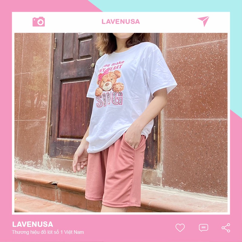 Bộ mặc nhà nữ mùa hè cotton mềm mịn hình gấu đáng yêu xinh xắn LAVENUSA QA24
