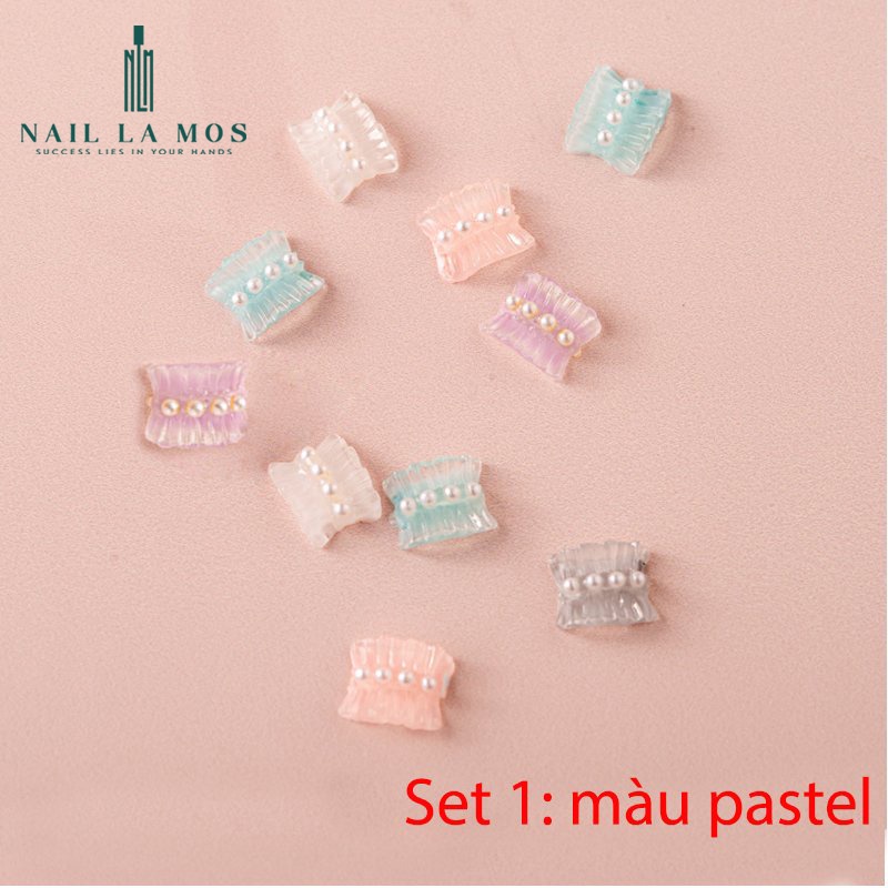 Set 20 charm nơ nhún - Charm nơ nhựa ánh cầu vồng đính hạt ngọc trai giả nhựa phong cách Hàn Nhật