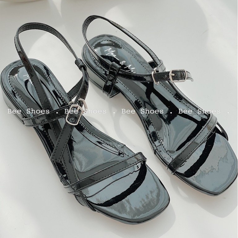 BEESHOES - SANDAL NỮ MŨI VUÔNG ĐẾ CAO 1 PHÂN - SANDAL CHẤT DA BÓNG ĐI ÊM SIÊU ÊM SIÊU MỀM SÃN MÀU ĐEN- BÒ 210208