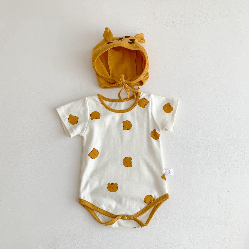 Bộ Áo Liền Quần Tay Ngắn + Mũ Vải Cotton Thời Trang Mùa Hè Dễ Thương Cho Bé Sơ Sinh