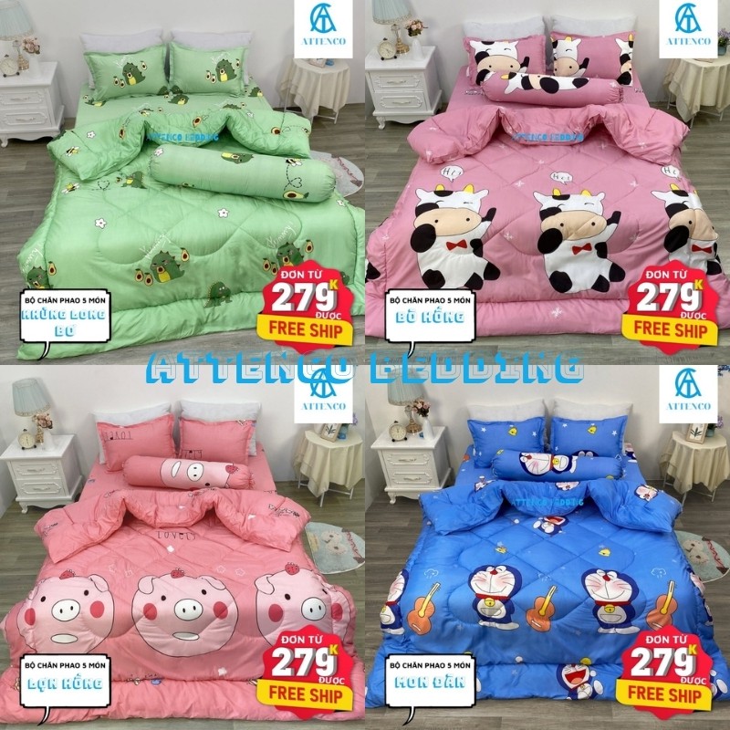 CHĂN GA GỐI COTTON ATTENCO BEDDING NGỘ NGHĨNH ĐÁNG YÊU HÀN QUỐC BỘ 5 MÓN PHAO GA BO CHUN SẴN (BẢO HÀNH 6 THÁNG)