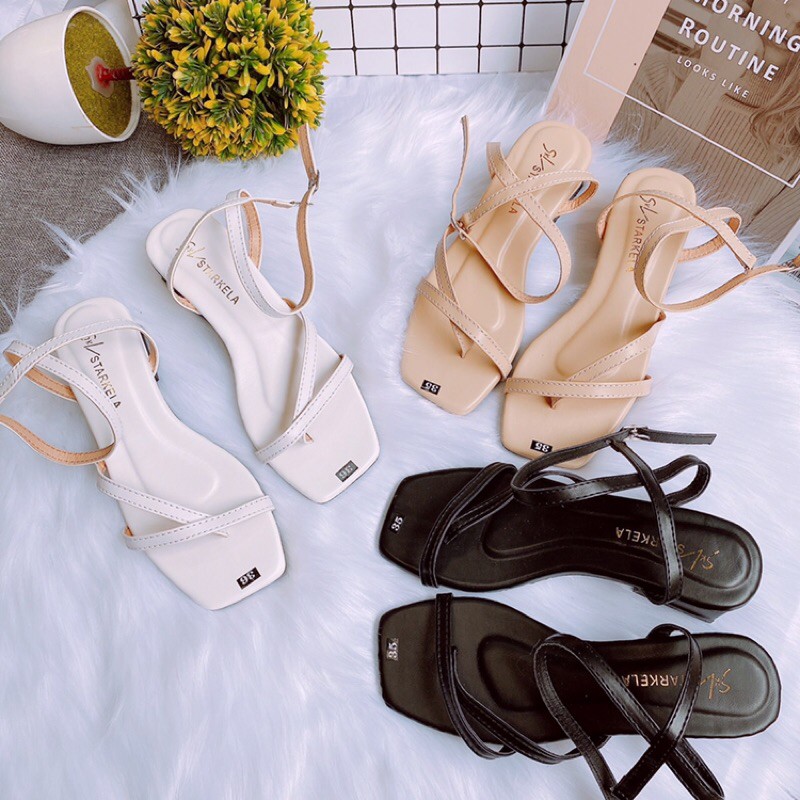 [Hàng có sẵn] Giày SANDAL cao gót quai mảnh xỏ ngón chéo gót xuông 4p siêu hot