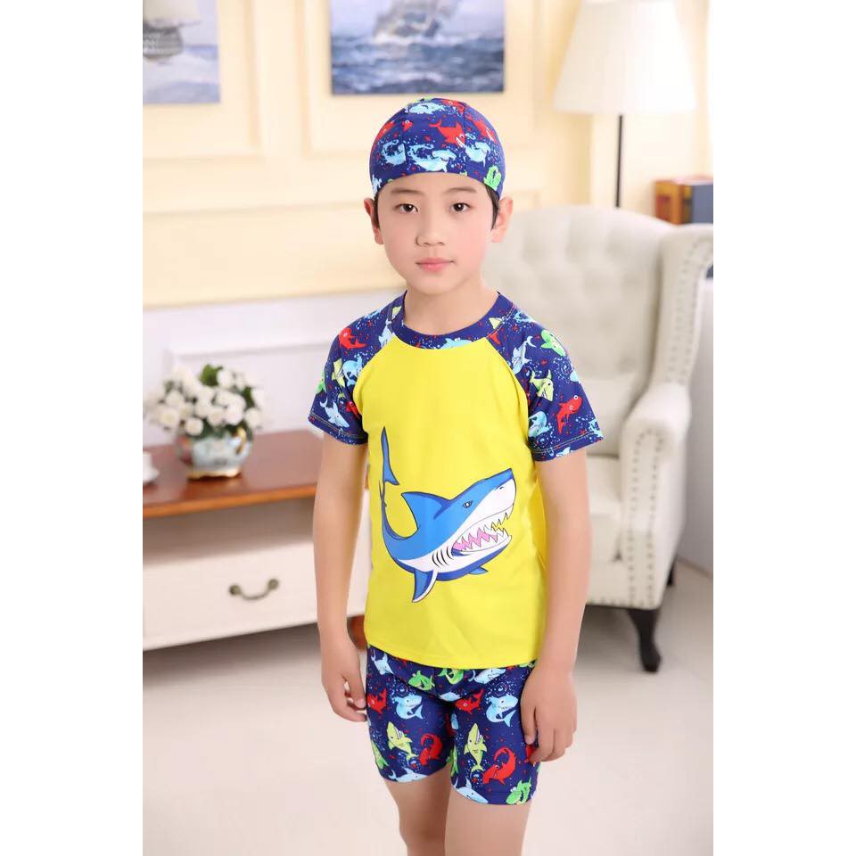 Set đồ bơi bé trai hình cá mập màu vàng cho bé trai cực cute