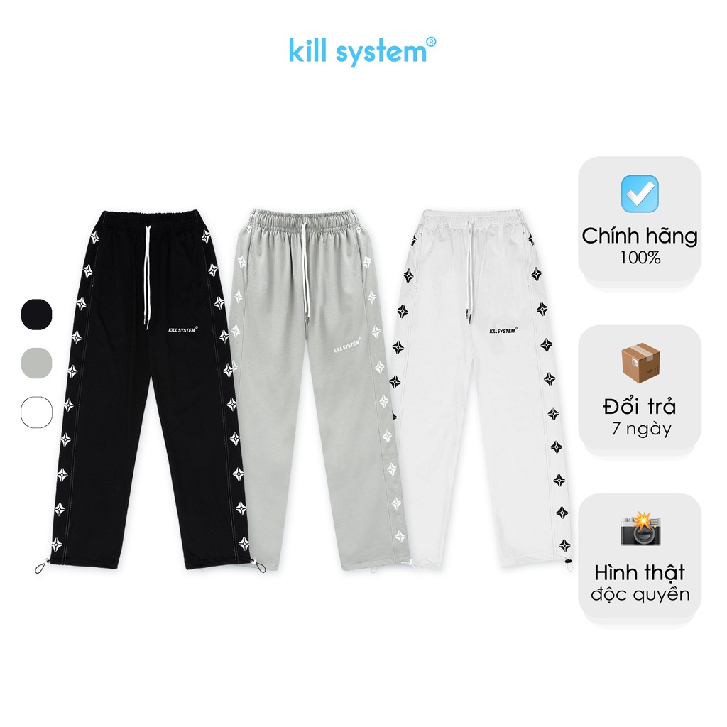 Quần thun ống rộng suông Kill System Line trắng, đen, xám, hông quần in logo , vải co giãn tốt, phong cách unisex