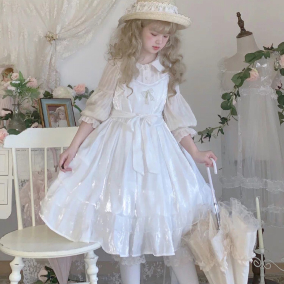 Toàn Bộ Đầm Hai Dây Thêu Hình Lá Sen Lấp Lánh Phong Cách lolita Cho Nữ