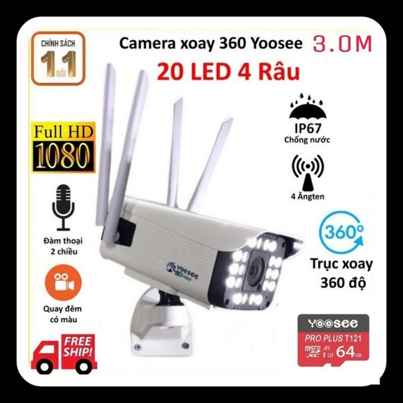 Camera yoosee thân xoay 4 râu 20 đèn 3.0 MPX góc rộng ban đem có màu kèm thẻ nhớ yoosee | BH 12 Tháng