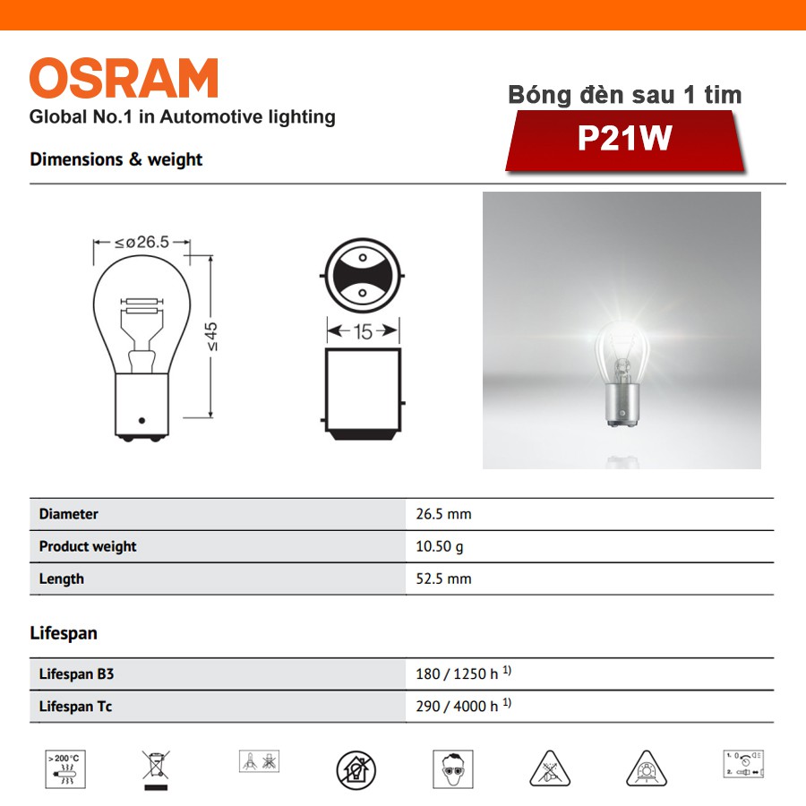 Combo 2 Bóng Đèn Sau 1 Tim OSRAM Original P21W 12V 21W (Chân Thẳng) Nhập Khẩu Chính Hãng