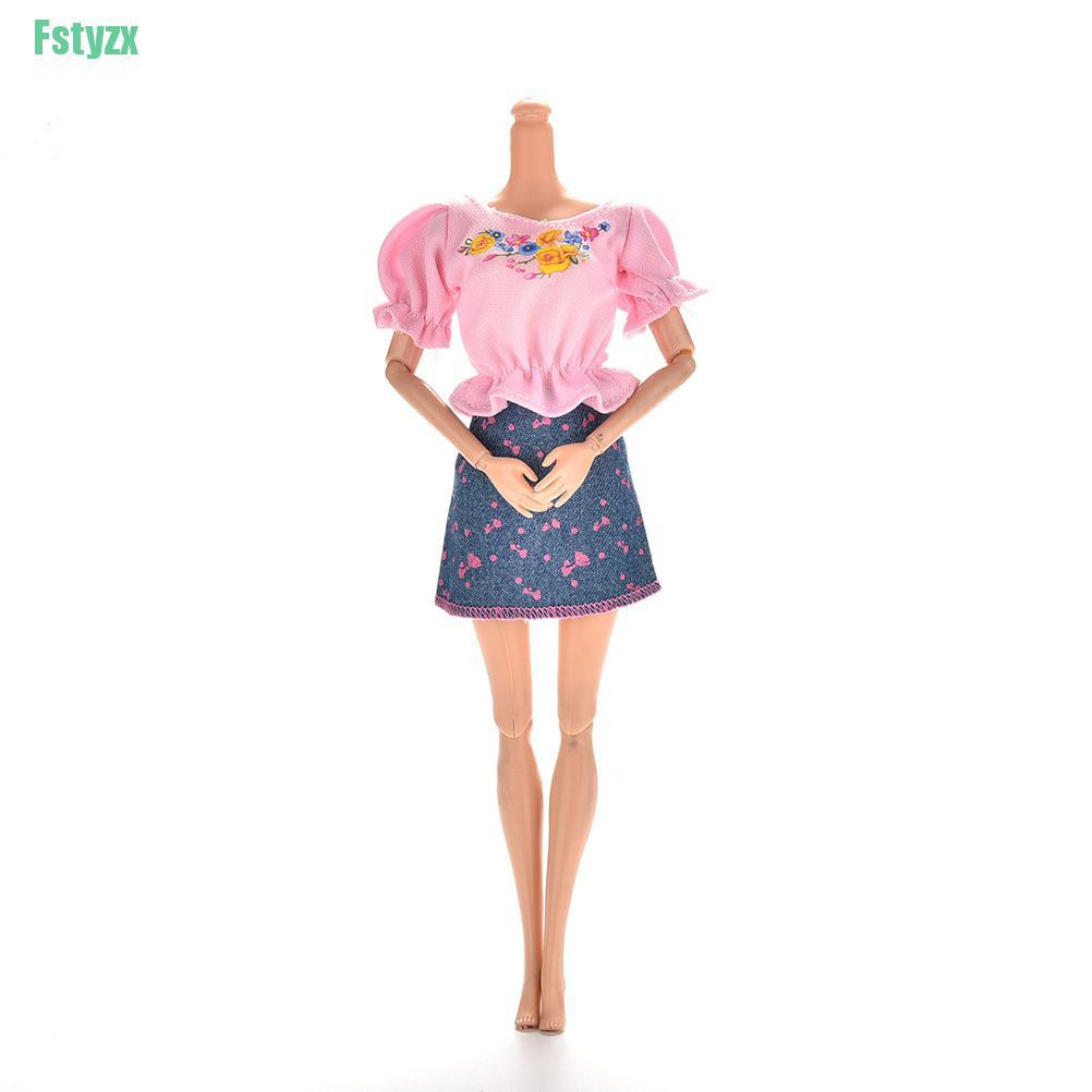 fstyzx 2 Pcs/Set Pink T Shirt and Blue Denim Skirt for Barbies Princess Dolls