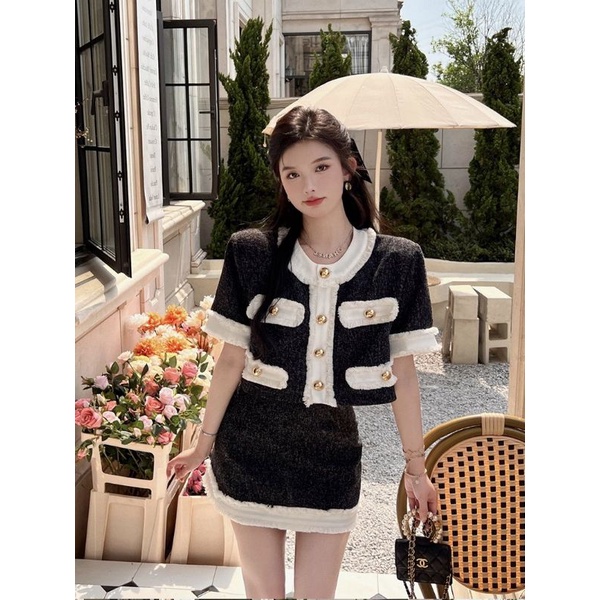 VIDEO ẢNH THẬT Set Áo Dạ Tweed Chân Váy Viền Đen Trắng