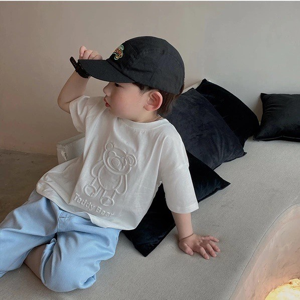 [Hàng Mới Về] Áo Thun Cotton Tay Lỡ In Nổi Hình Gấu Dập Nổi Ba Chiều Phong Cách Unisex Hàn Quốc Cho Bé Trai 8 Tuổi