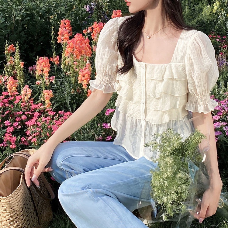 Áo Chiffon Ngắn Tay Cổ Vuông Màu Sắc Trơn Thời Trang Cho Nữ  tao bao