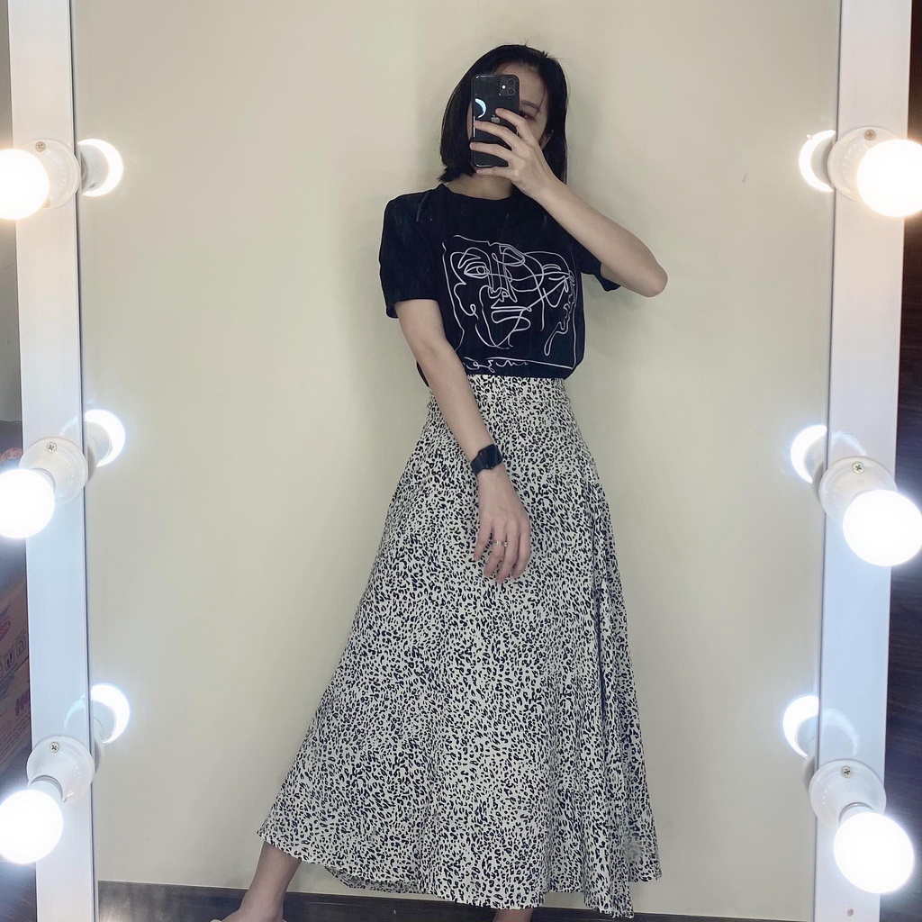 Chân Váy Da Beo Midi, Áo Phông Tay Lỡ Pull Đen