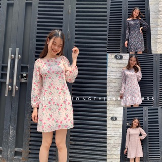 Váy hoa nhí cổ vuông bèo cổ xếp li - đầm hoa vintage ( hình shop tự chụp/ sẵn )