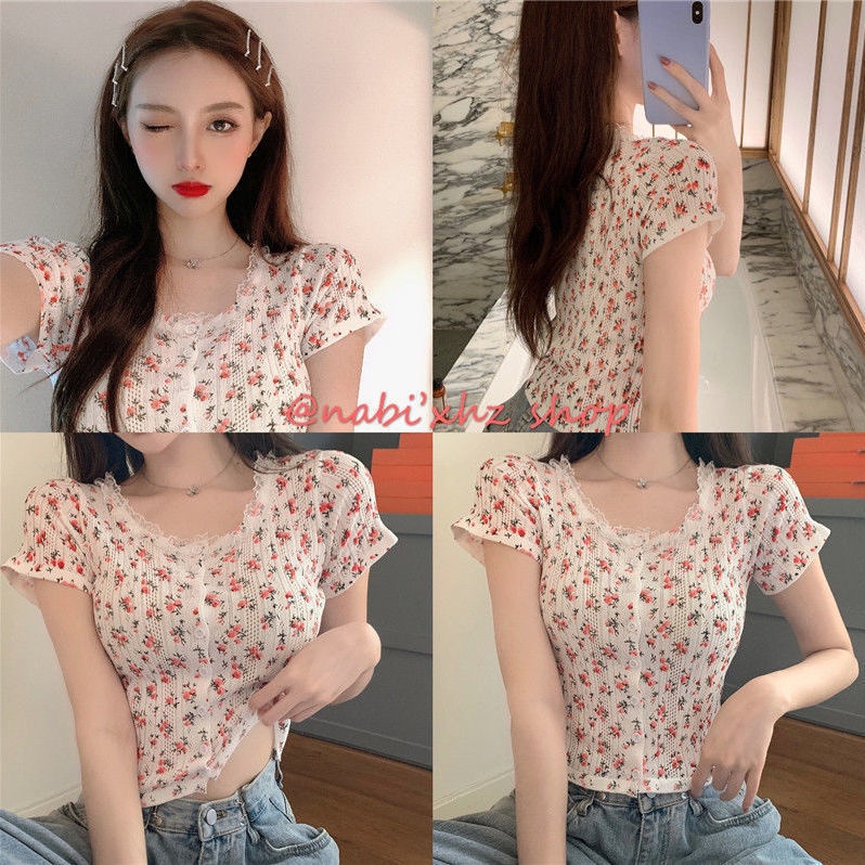COZOK Áo Thun Tay Ngắn Cổ Tròn Họa Tiết Hoa Phong Cách Vintage