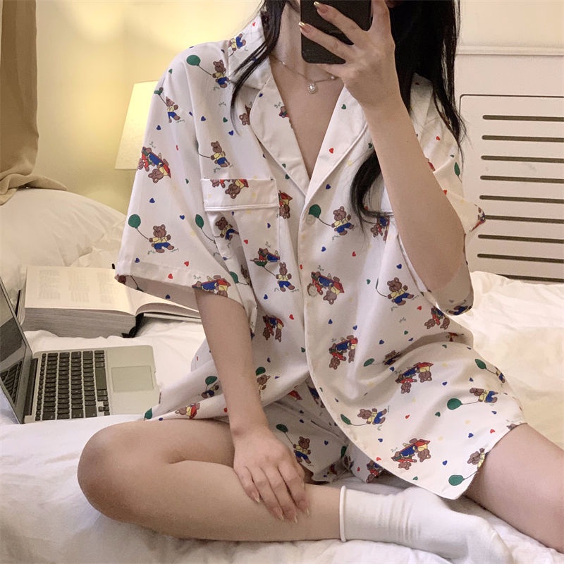 Bộ Đồ Ngủ Ngắn Tay Họa Tiết Gấu Hoạt Hình Đáng Yêu Cho Nữ